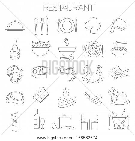 Thin line flat design restaurant menu vector icon set for menu, interface, web site and application design.