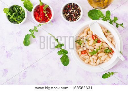 Boiled White Beans In A Bowl. Diet Food. Healthy Lifestyle. Sports Nutrition. Flat Lay. Top Iew