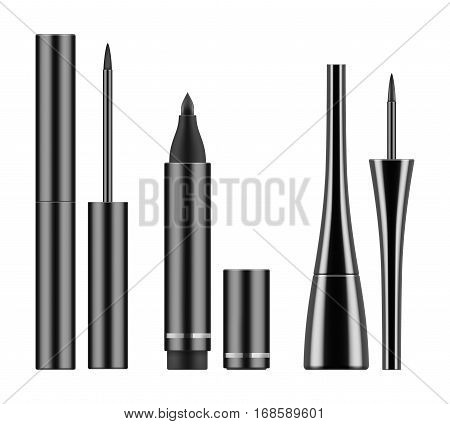 Collection of types 3d realistic eyeliner: black liquid liners in bottle with brush and pencil. Containers of cosmetic product for makeup and beauty eyes. Vector illustration on white background.