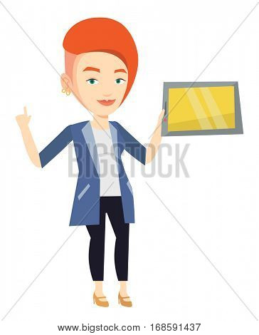 Student using a tablet computer for education. Student holding tablet computer and pointing forefinger up. Educational technology concept. Vector flat design illustration isolated on white background.