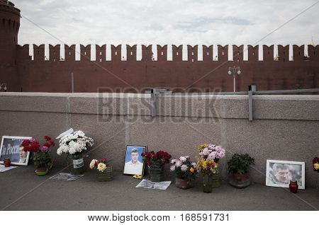 MOSCOW - SEPTEMBER 22 2015: Memorial to Boris Nemtsov on Bolshoy Moskvoretsky Bridge. Politician was assassinated here on February 27 2015