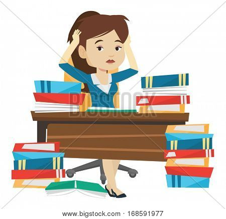 Stressed student studying with textbooks. Caucasian student studying hard before exam. Desperate female student studying in the library. Vector flat design illustration isolated on white background.