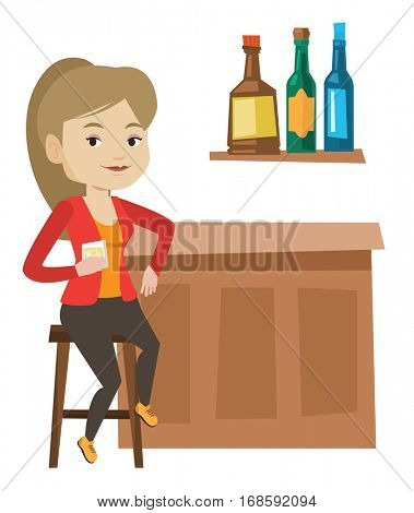 Happy woman sitting at the bar counter. Woman sitting with glass in bar. Woman sitting alone and celebrating with an alcohol drink in bar. Vector flat design illustration isolated on white background.