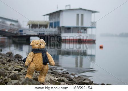 Teddy bear's portrait at the dock by the riverside