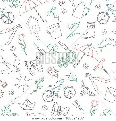 Seamless pattern with simple contour icons on the theme of spring simple colored contour icons on white background