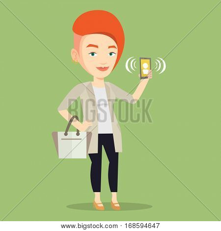 Young caucasian woman holding ringing mobile phone. Woman answering a phone call. Woman standing with ringing phone in hand. Vector flat design illustration isolated on blue background. Square layout.