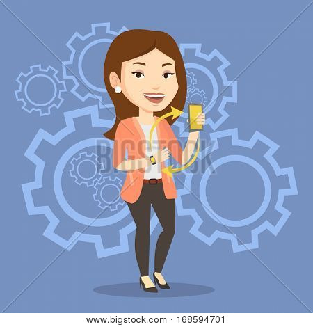 Young woman showing her smartphone and smart watch on the background with cogwheels. Concept of synchronization between smart watch and smartphone. Vector flat design illustration. Square layout.
