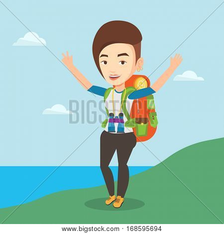 Caucasian backpacker with backpack and binoculars standing on the cliff and celebrating success. Happy backpacker with raised hands enjoying the scenery. Vector flat design illustration. Square layout