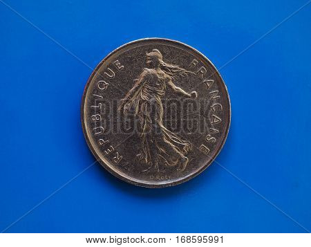 5 Francs Coin, France Over Blue