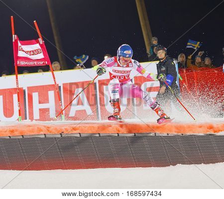 STOCKHOLM SWEDEN - JAN 31 2017: Mikaela Shiffrin (USA) winner in the downhill skiing parallel slalom prepare a jump at the Alpine Audi FIS Ski World Cup - city event January 31 2017 Stockholm Sweden