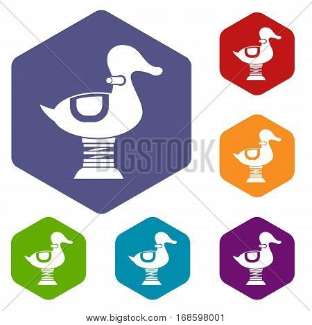 Duck spring see saw icons set rhombus in different colors isolated on white background