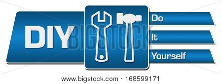 DIY concept image with text and related symbols over blue background.