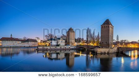 Strasbourg, medieval bridge Ponts Couverts is located in the historic district 
