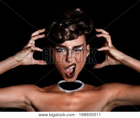 Screaming Young Woman With A Neckless Makeup
