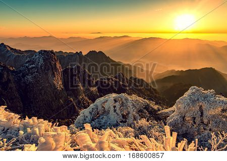 Winter sunrise landscape in Huangshan National park. China.