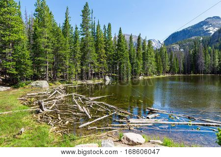 Lake against rocky mountains at Estes Park