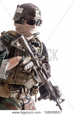 United states Marine Corps special operations command Marsoc raider with weapon. Studio shot of Marine Special Operator white backgroun