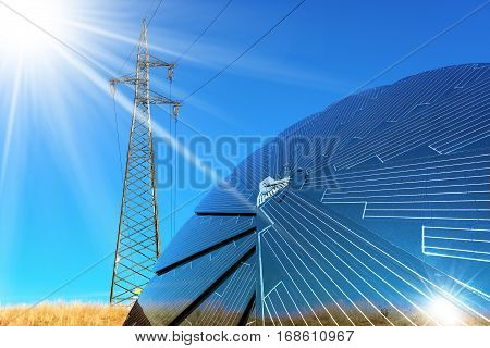 Solar panel in the shape of a flower on a clear blue sky with a electricity pylon with power line - Green energy concept