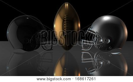 American football black and gray helmets and gold trophy ball on black dark background, 3d render