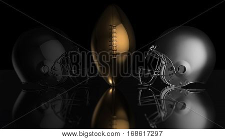 American football black and gray helmets and gold trophy ball on black dark background, 3d render