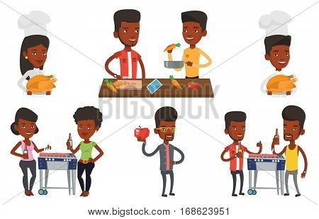 African man enjoying fresh healthy apple. Young man holding an apple in hand. Man eating an apple. Concept of healthy nutrition. Set of vector flat design illustrations isolated on white background.