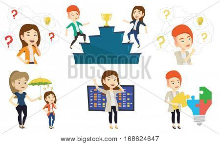 Businesswomen competing to get gold trophy. Competitive businesswomen running up for the winner cup. Business competition concept. Set of vector flat design illustrations isolated on white background.