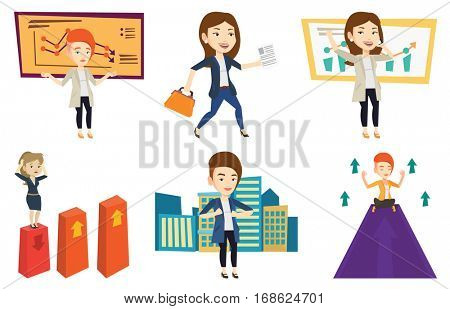 Caucasian bankrupt standing on the background of decreasing chart. Bankrupt business woman with spread arms. Bankruptcy concept. Set of vector flat design illustrations isolated on white background.