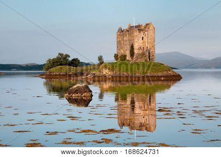 Castle Stalker, Appin, Argyll, Scotland is a well-preserved medieval tower-house situated on a tidal islet on Loch Laich. Founded around 1440 the castle has variously been associated with the Clans of MacDougall, Stewart and Campbell.