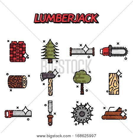 Lumberjack flat icon set. Vector illustration, EPS 10