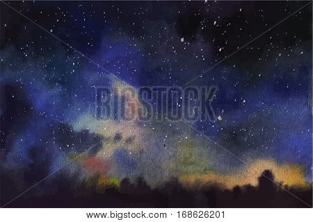 Watercolor universe Sky, stars, deep space Violet, blue, fantasy background Hand drawn image