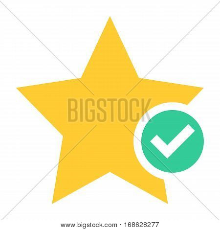 Flat star icon favorite sign bookmark yellow gold button with check mark pictogram. Vector illustration a graphic element for web internet design