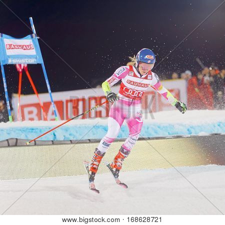 STOCKHOLM SWEDEN - JAN 31 2017: Mikaela Shiffrin (USA) landing after a jump in the downhill skiing parallel slalom at the Alpine Audi FIS Ski World Cup - city event January 31 2017 Stockholm Sweden