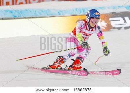 STOCKHOLM SWEDEN - JAN 31 2017: Mikaela Shiffrin (USA) winner in the downhill skiing parallel slalom makes a turn at the Alpine Audi FIS Ski World Cup - city event January 31 2017 Stockholm Sweden