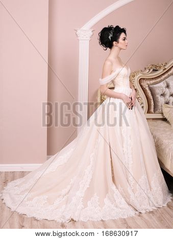 Gorgeous Bride With Dark Hair In Luxuious Wedding Dress