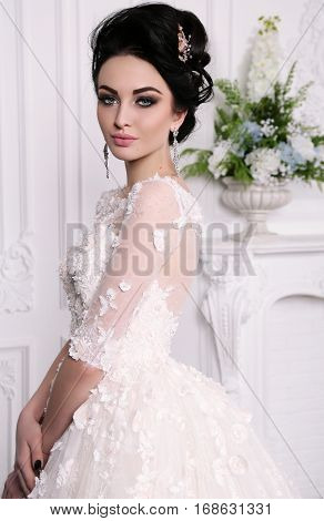 Gorgeous Bride With Dark Hair In Luxuious Wedding Dress
