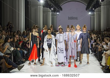 KYIV, UKRAINE - OCTOBER 14, 2016: Models walk the runway at Christina Bobkova collection show during the 39th Ukrainian Fashion Week at Mystetsky Arsenal in Kyiv
