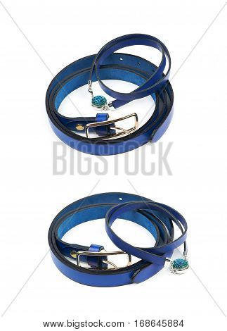 Blue belt and lether necklace composition isolated over the white background, set of two different foreshortenings