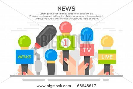news flat banner poster. Set of microphone. Media tv and interview, information for television, broadcasting mass and communication, collection microphones in hand.