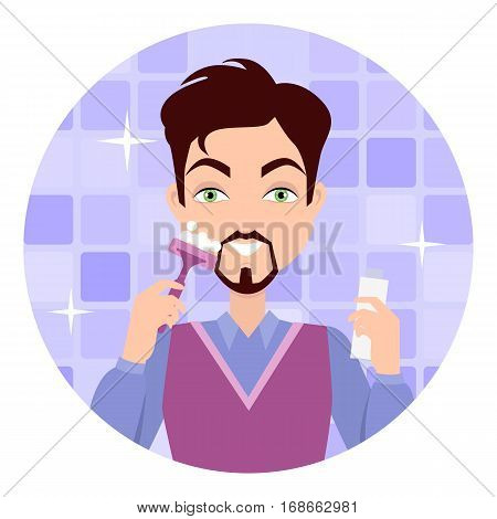 Stages of man face wash. Washing with cream cleanser or soap, shaving with razor, using moisturizer or lotion after shave. Boy cares about his look. Part of series of face care. Vector illustration