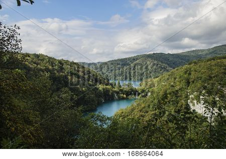 landscape of plitvicka lake national park at sunset unesco heritage site plitvice croatia.