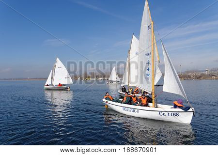 VARNA, BULGARIA - MARCH 03, 2014: Crew taking part in the national sailing boat race 
