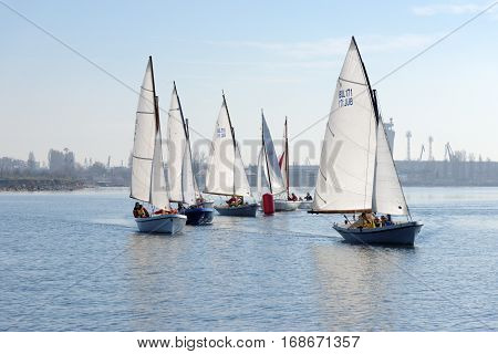 VARNA, BULGARIA - MARCH 03, 2014: Crew taking part in the national sailing boat race 