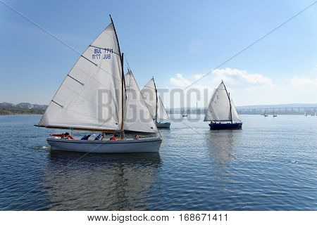 VARNA, BULGARIA - MARCH 03, 2014: Crew taking part in the national sailing boat race 