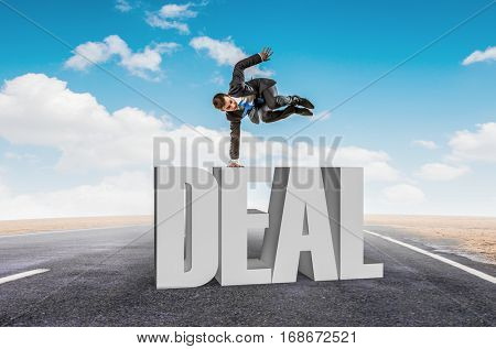 Young businessman breakdancer. Mixed media . Mixed media