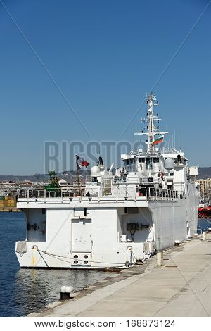 VARNA, BULGARIA - MARCH 30, 2014: The French Navy diving support ship A645 Alize at the Varna Passenger Terminal. Bulgarian and French military divers conducted a combined training in the Varna gulf.
