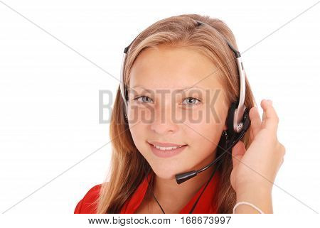 Beautiful customer service operator student girl with headset isolated on white background.
