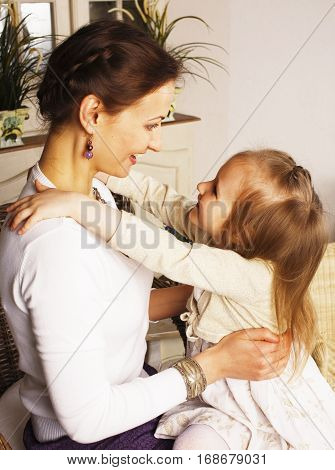 young mother with daughter at luxury home interior vintage, old fashion relashionship family
