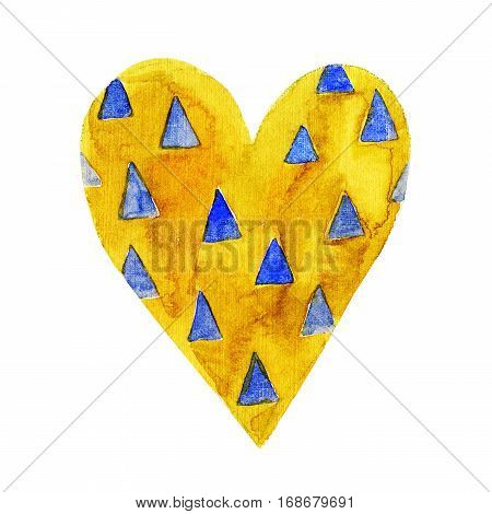 Lovely Cartoon Watercolor love heart valentines pattern. Colorful yellow hearts with blue triangle illustrations isolated on white background. Perfect for valentines holiday. Good for love card valentine day congratulation design.