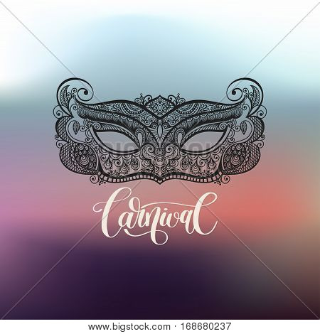 black lineart venetian carnival mask silhouette on blured background with leetering inscription, vector illustration