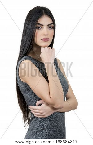 Confident Female Manager With Hand On Chin.
